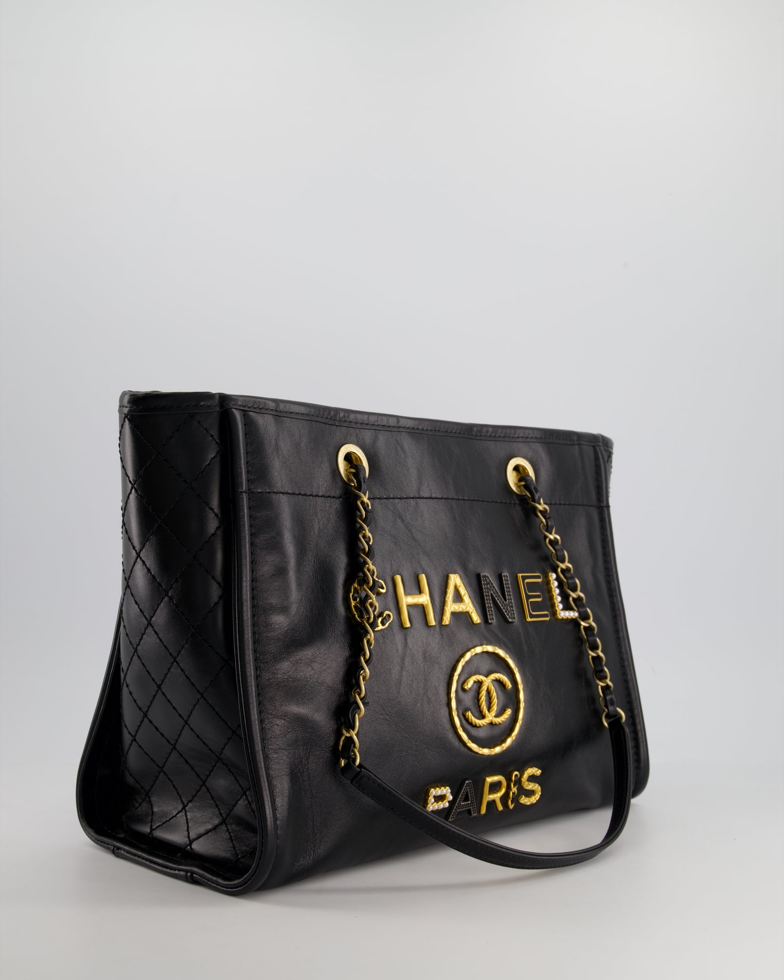 HOT* Chanel Black Small Deauville Tote Bag in Shiny Calfskin