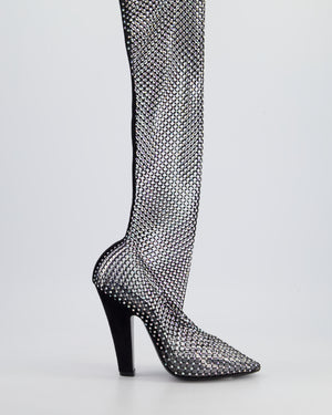 Saint Laurent Black Suede-Trimmed Crystal-Embellished Fishnet Knee High Boots Size EU 38.5 RRP £2430