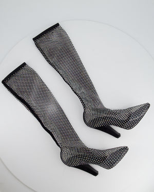 Saint Laurent Black Suede-Trimmed Crystal-Embellished Fishnet Knee High Boots Size EU 38.5 RRP £2430