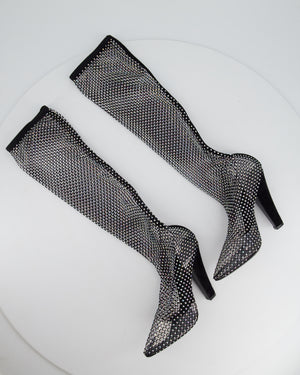 Saint Laurent Black Suede-Trimmed Crystal-Embellished Fishnet Knee High Boots Size EU 38.5 RRP £2430