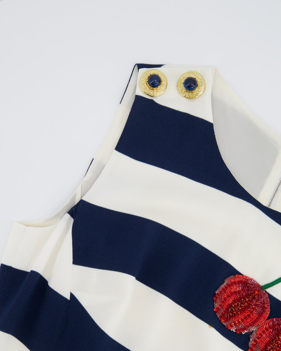 Dolce & Gabbana Navy and White Striped Midi Dress with Sequin Details and Lace Trim Size IT 44 (UK 12)