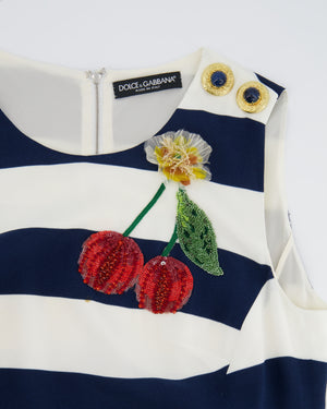 Dolce & Gabbana Navy and White Striped Midi Dress with Sequin Details and Lace Trim Size IT 44 (UK 12)