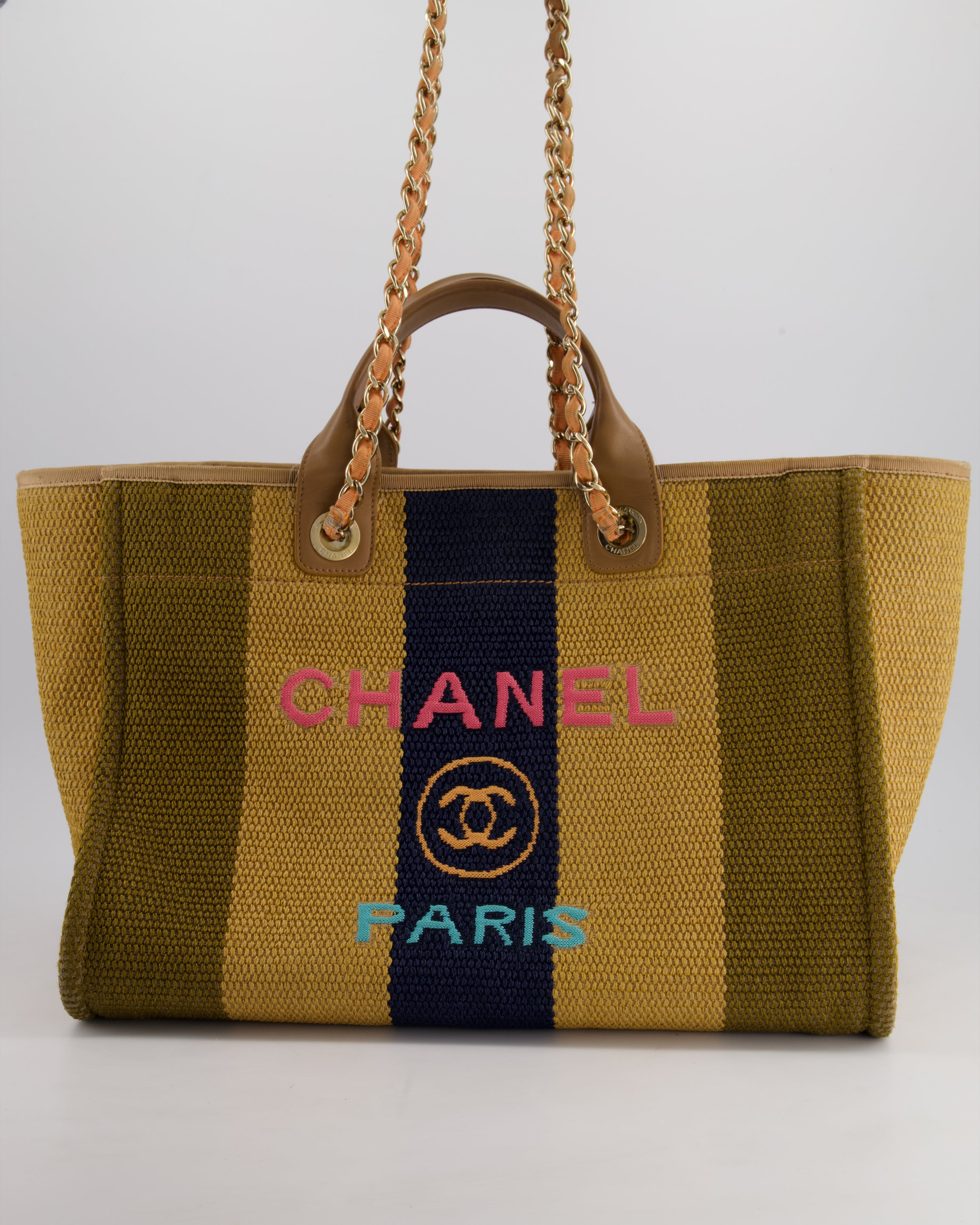 HOT* Chanel Beige, Navy and Khaki Raffia Deauville Tote with