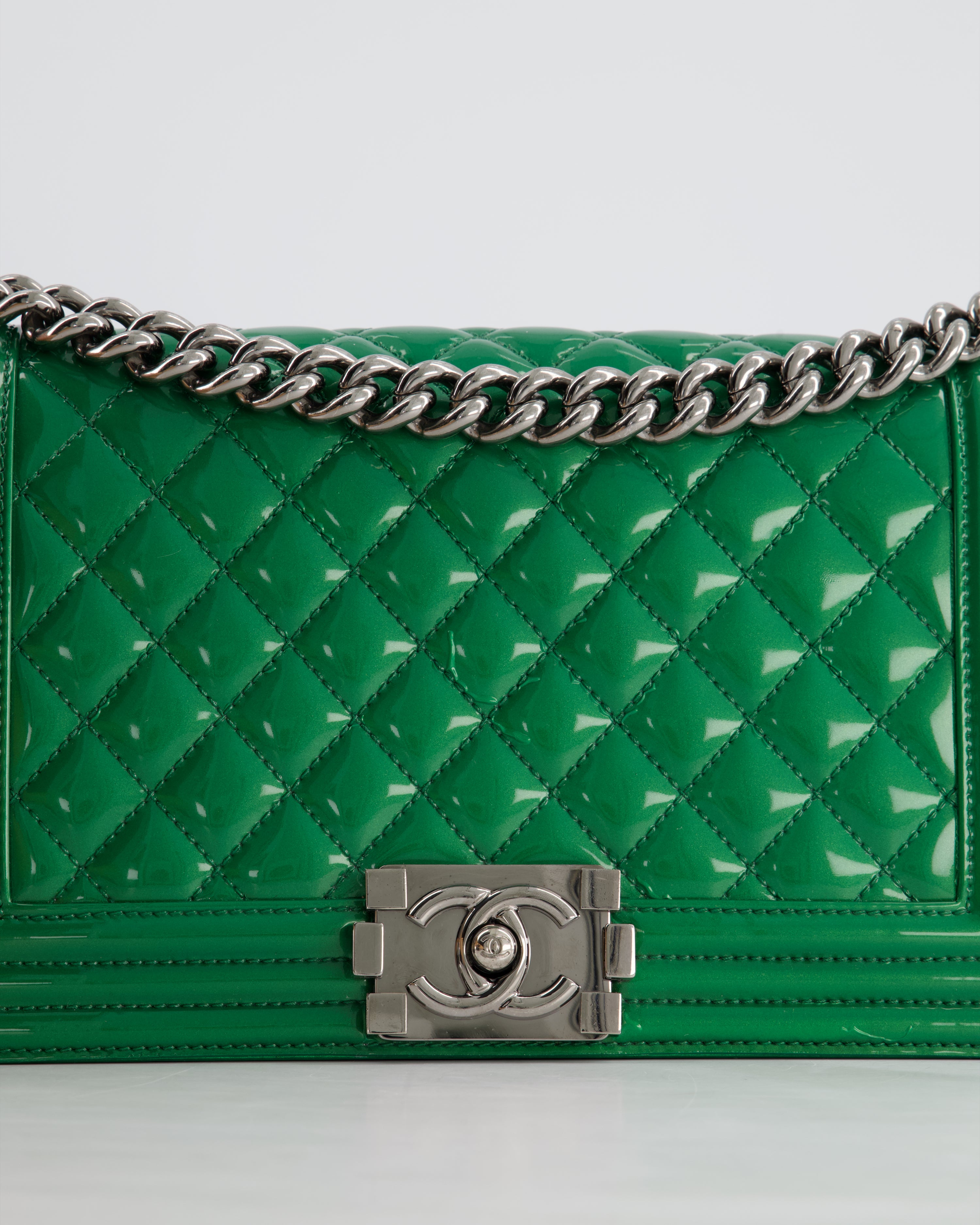 Chanel Green Sparkly Patent Leather Medium Boy Bag With