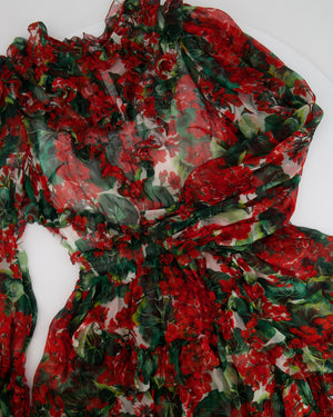 Dolce & Gabbana Red Floral Silk Ruffle Long-Sleeve Mini Dress Size IT 40 (UK 8)
