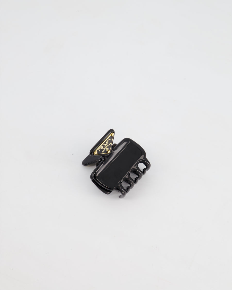 Prada Black Enameled Metal Claw Hair Clip with Gold Triangle Logo 