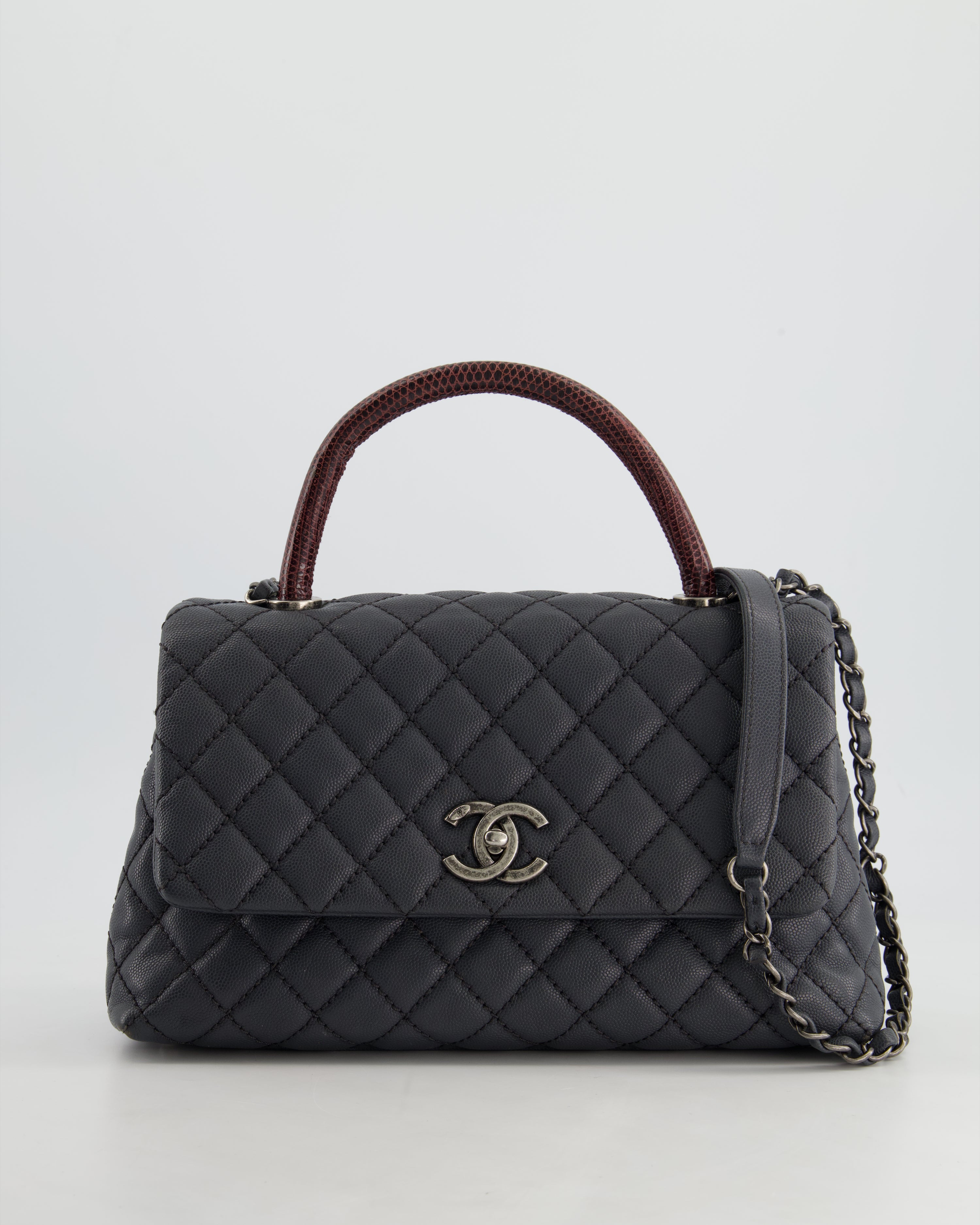 RARE Chanel Medium Coco Top Handle Bag Grey Caviar with Python Handl Sellier