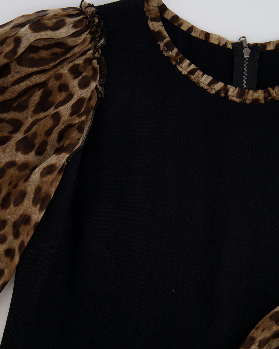 Dolce & Gabbana Black Dress with Leopard Silk Sleeves and Collar Size IT 42 (UK 10) RRP £1,450