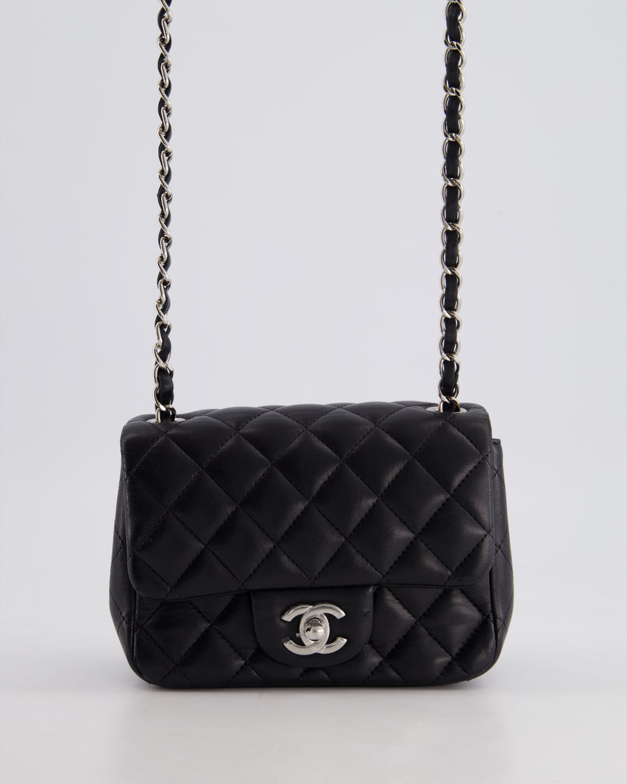 *HOT* Chanel Black Mini Square Flap Bag in Lambskin with Silver Hardware