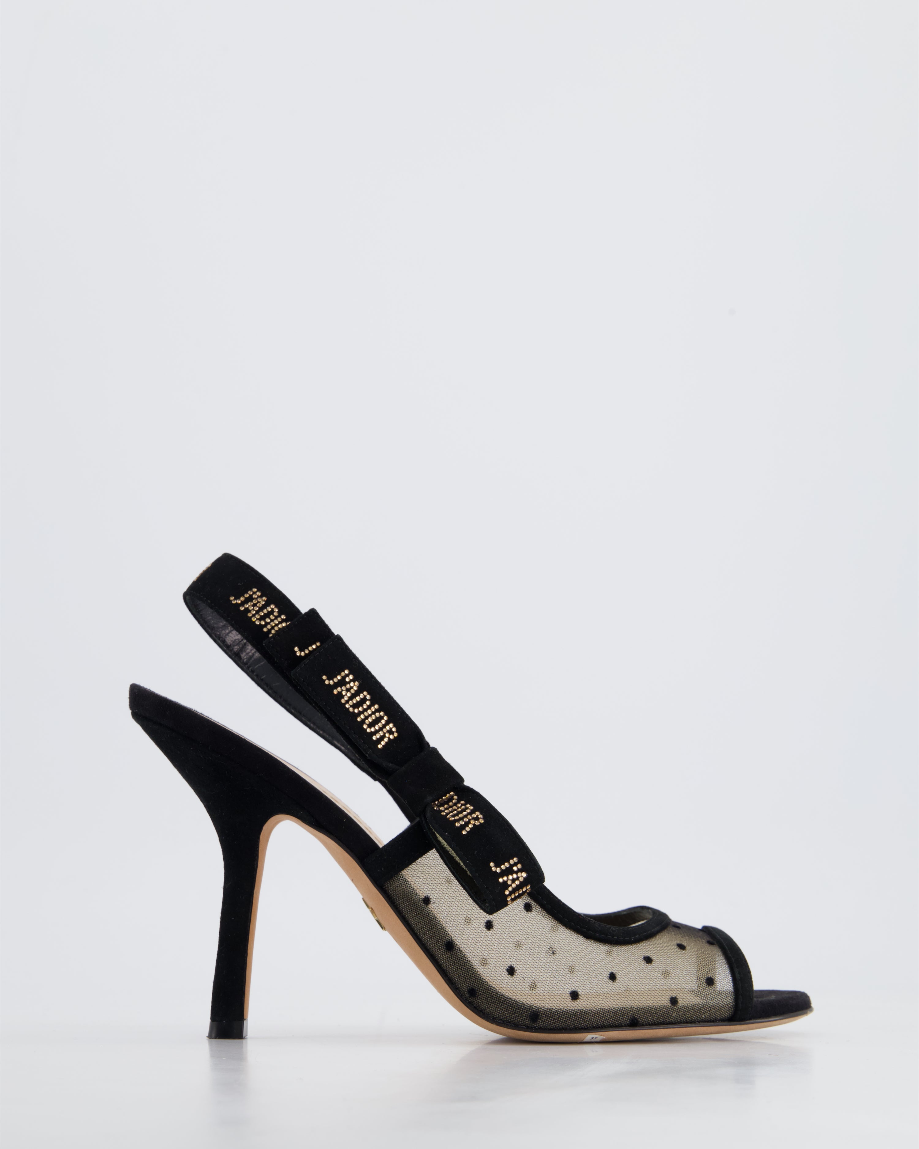 Christian Dior Black Mesh Suede Polka Dot Slingback Heels with Open Sellier