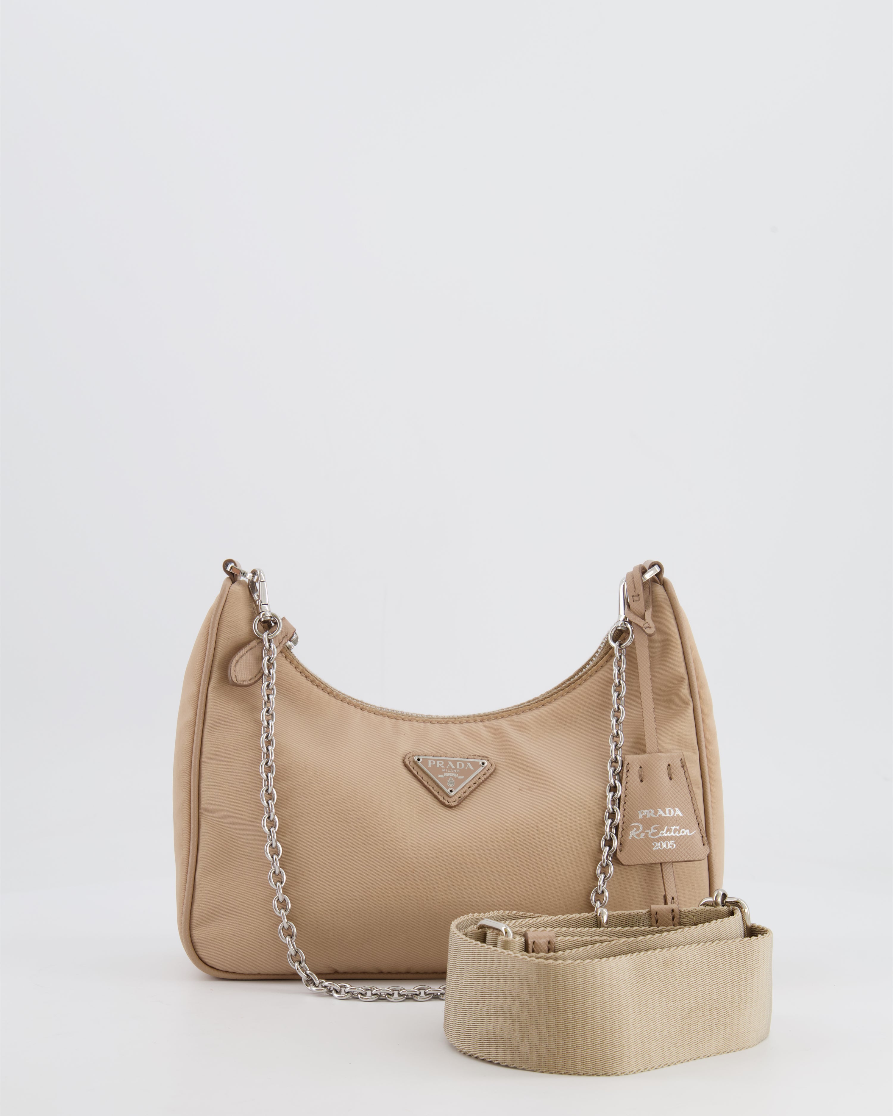 Prada Beige Re Edition 2005 Nylon Bag with Silver Hardware RRP 1 470 Sellier