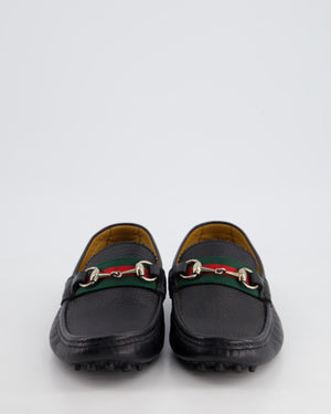 Gucci Men's Black Driver Horsebit Loafers with Iconic Stripe Pattern Ribbon in Grained Calf Leather Size EU 39