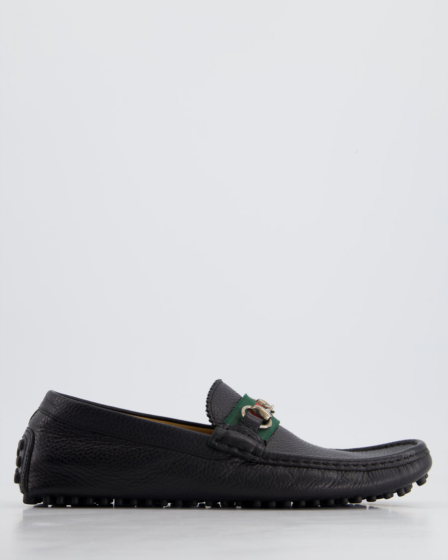 Gucci Men's Black Driver Horsebit Loafers with Iconic Stripe Pattern Ribbon in Grained Calf Leather Size EU 39