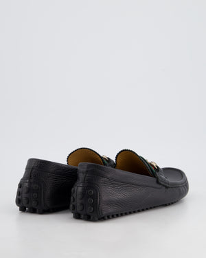 Gucci Men's Black Driver Horsebit Loafers with Iconic Stripe Pattern Ribbon in Grained Calf Leather Size EU 39