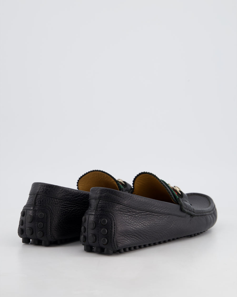 Gucci Men's Black Driver Horsebit Loafers with Iconic Stripe Pattern Ribbon in Grained Calf Leather Size EU 39