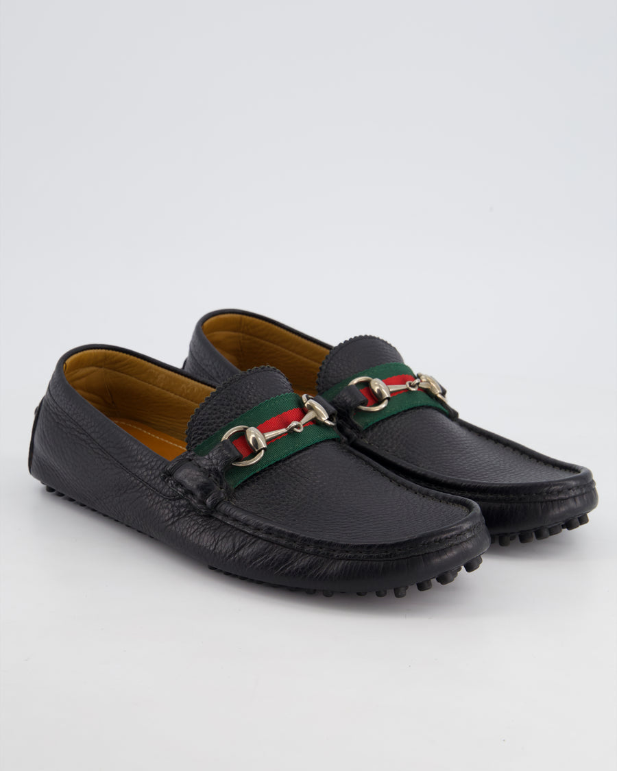 Gucci Men's Black Driver Horsebit Loafers with Iconic Stripe Pattern Ribbon in Grained Calf Leather Size EU 39