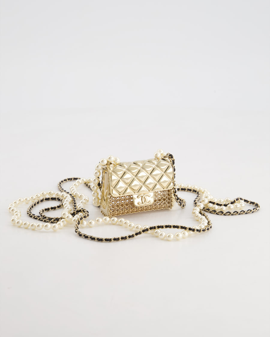 *RARE* Chanel 21S Champagne Gold Bag Charm Necklace with White Pearls & Black Leather Chain Detail