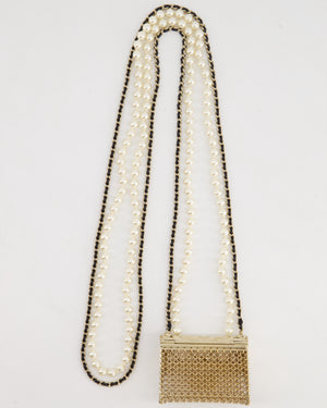 *RARE* Chanel 21S Champagne Gold Bag Charm Necklace with White Pearls & Black Leather Chain Detail