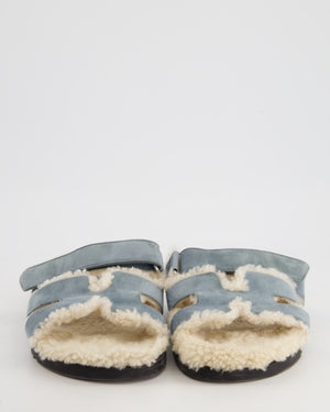 Hermès Bleu Pinede Suede and Ecru Shearling Chypre Sandals Size 38.5
