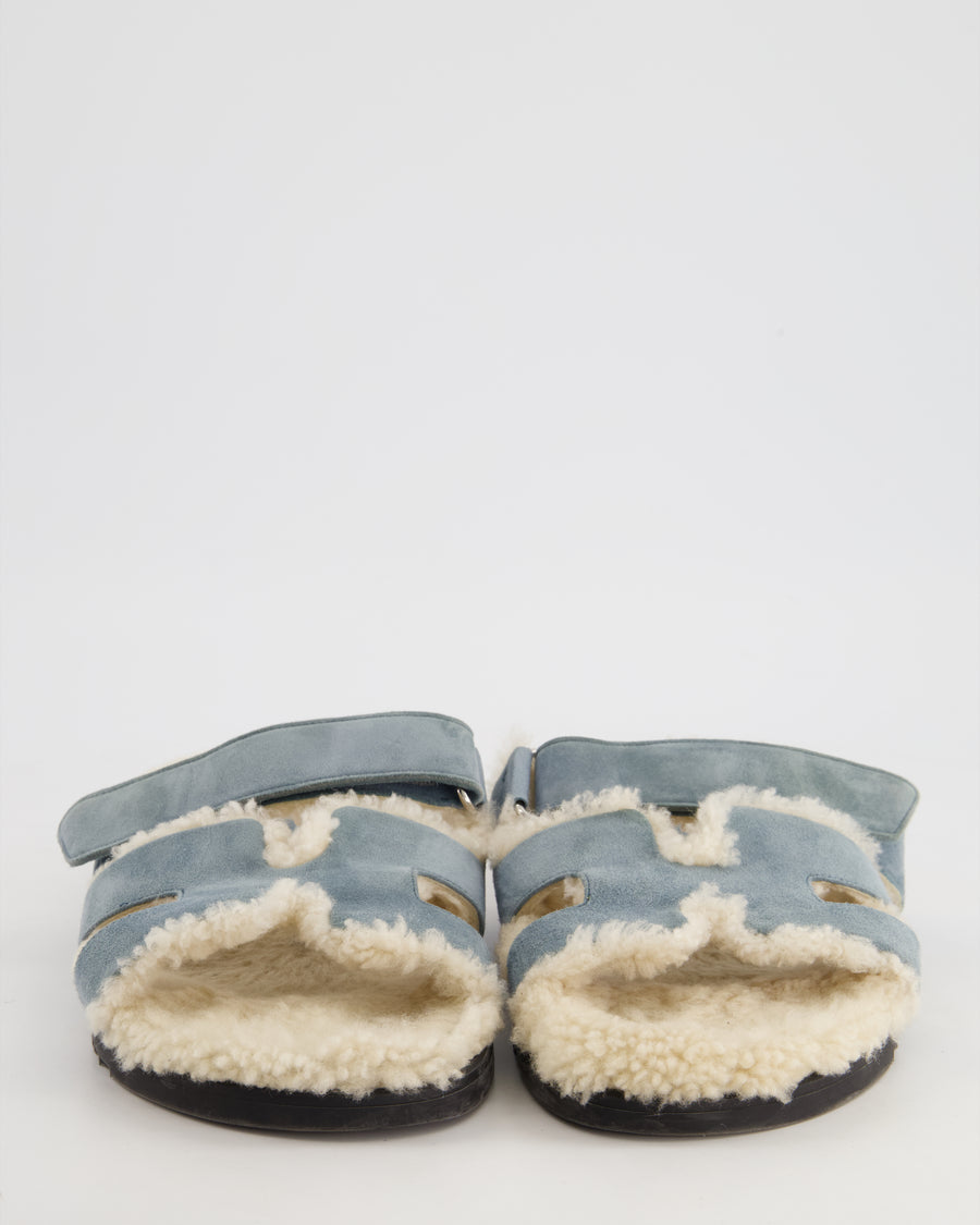 Hermès Bleu Pinede Suede and Ecru Shearling Chypre Sandals Size 38.5