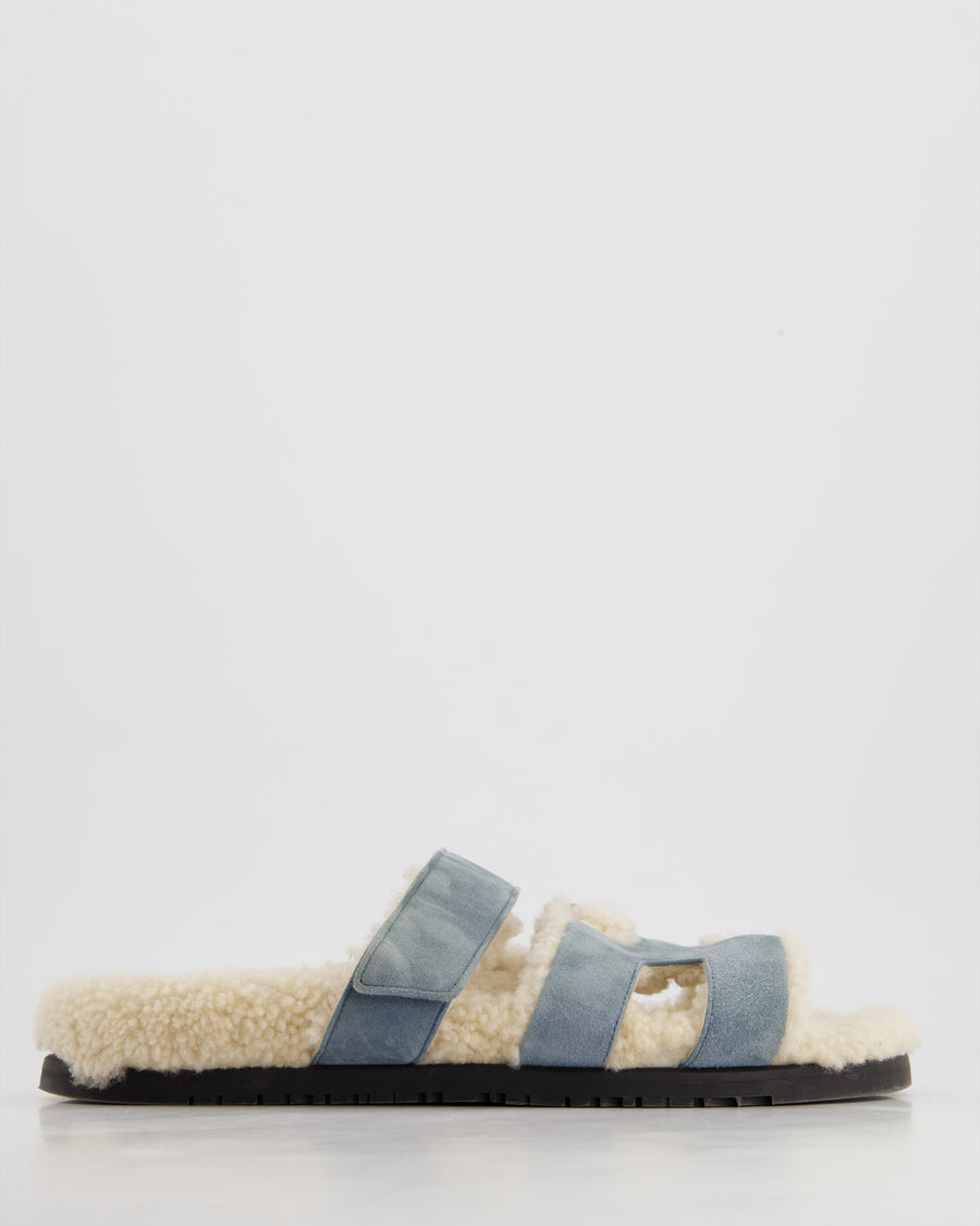 Hermès Bleu Pinede Suede and Ecru Shearling Chypre Sandals Size 38.5