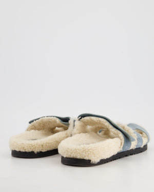 Hermès Bleu Pinede Suede and Ecru Shearling Chypre Sandals Size 38.5