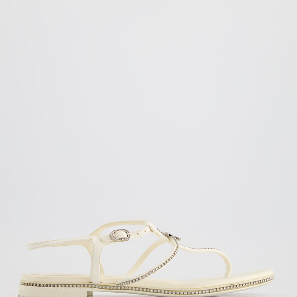 Chanel White Leather Flat Sandals with Crystal Trim and CC Chanel White Leather Flat Sandals with Crystal Trim and CC