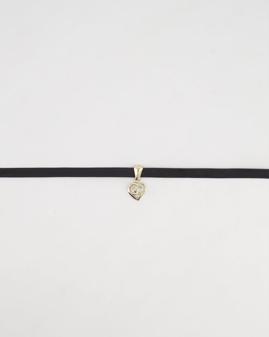 Chanel Black Leather Necklace with Champagne Gold CC Heart Pendant