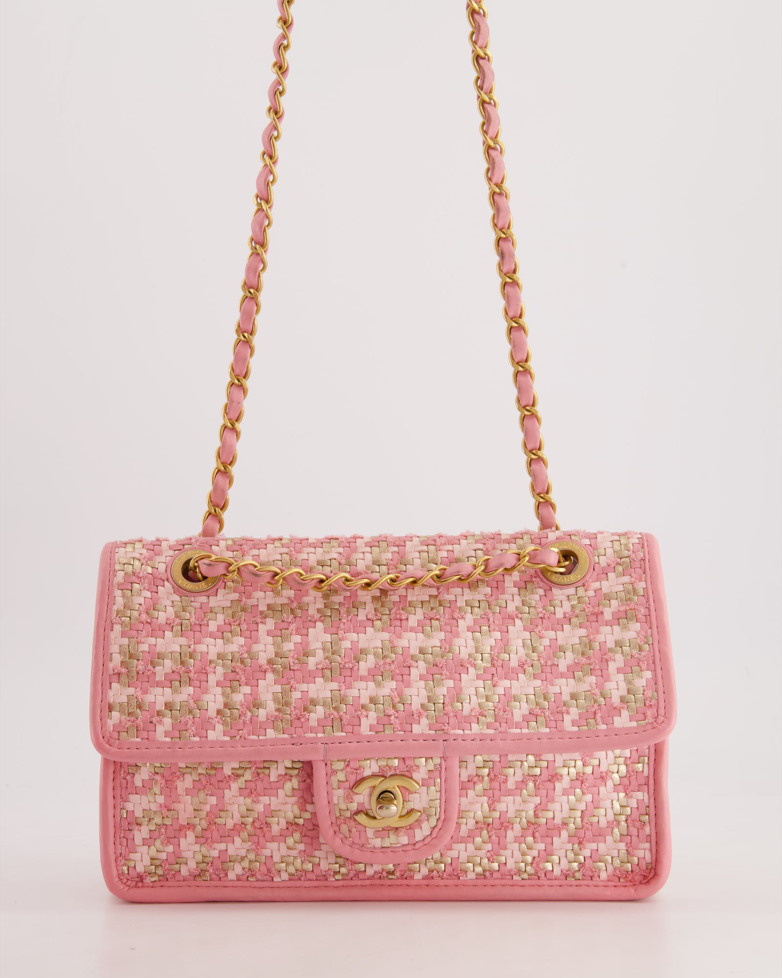 Chanel 23C Pink Woven Flap Bag with Leather Edge Detail and