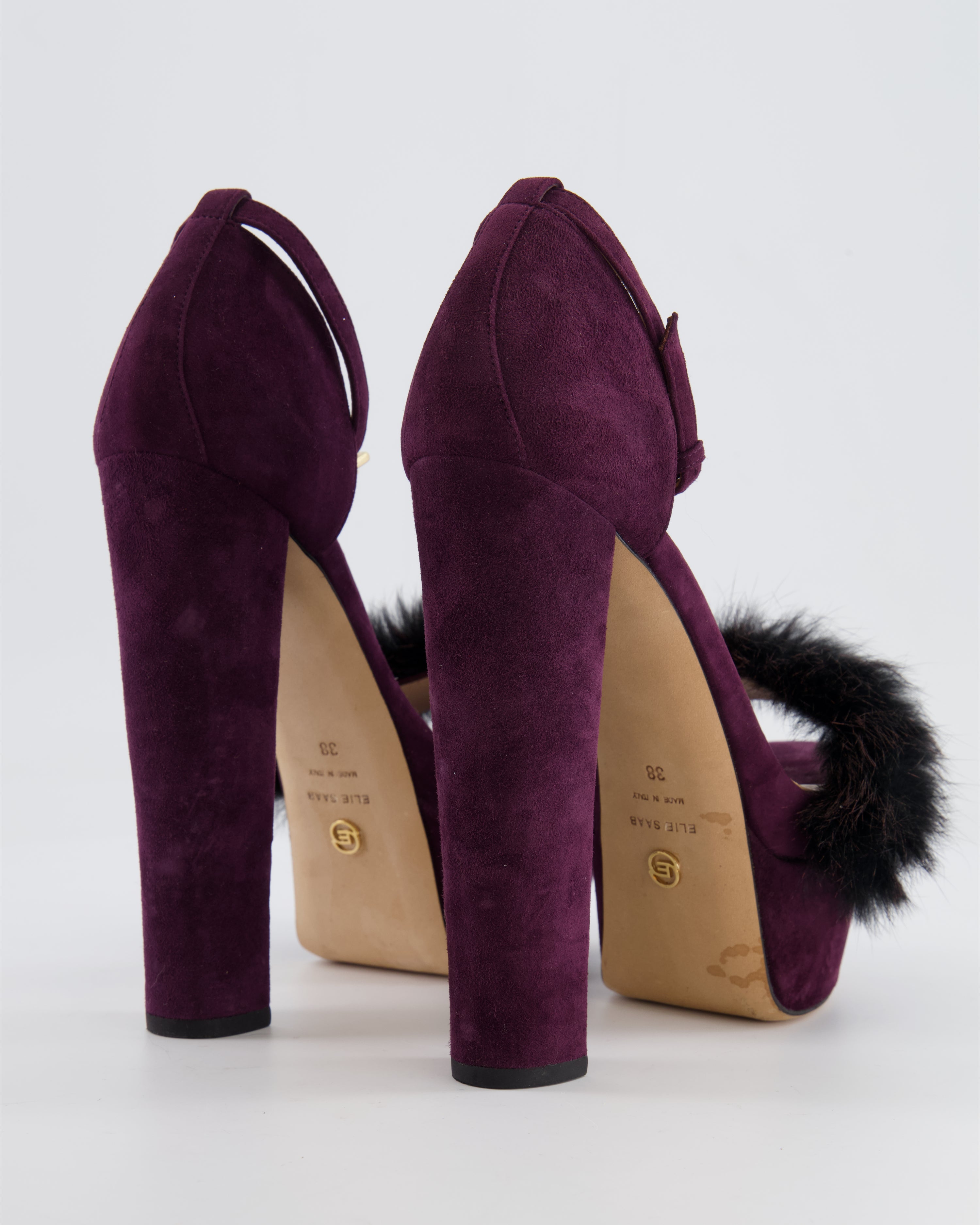 Elie Saab Purple Suede Platform High Heels with Mink Fur Detail Size E Sellier