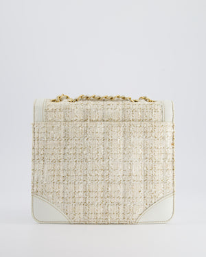 Chanel Small White Tweed and Aged Calfskin Flap Bag with Brushed Gold Hardware