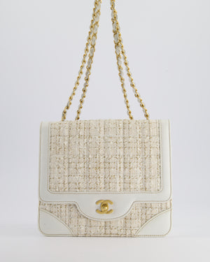 Chanel Small White Tweed and Aged Calfskin Flap Bag with Brushed Gold Hardware