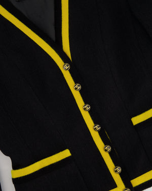 *HOT* Chanel 1994 Vintage Black and Yellow Wool Jacket & Midi Skirt Set with CC Logo Button Details Size FR 40 (UK 12)