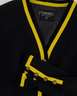 *HOT* Chanel 1994 Vintage Black and Yellow Wool Jacket & Midi Skirt Set with CC Logo Button Details Size FR 40 (UK 12)
