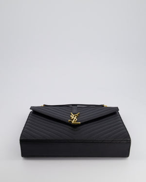 Saint Laurent Black Envelope Shoulder Bag in Grained Calfskin Leather With Gold Hardware