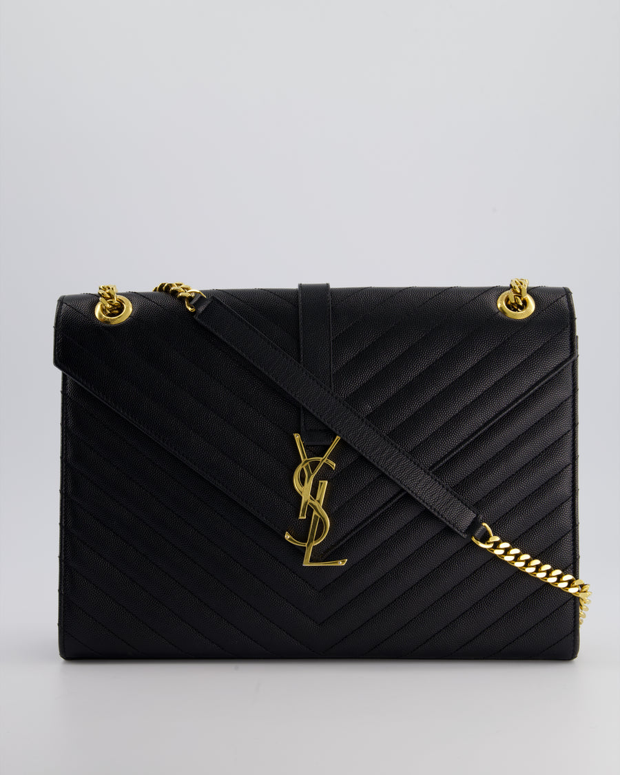 Saint Laurent Black Envelope Shoulder Bag in Grained Calfskin Leather With Gold Hardware