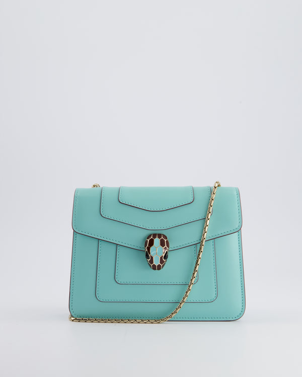 Bvlgari Aquamarine Serpenti Forever Cross-body Bag in Calfskin Leather with Champagne Gold Hardware Brown Snake Detail RRP £2,300