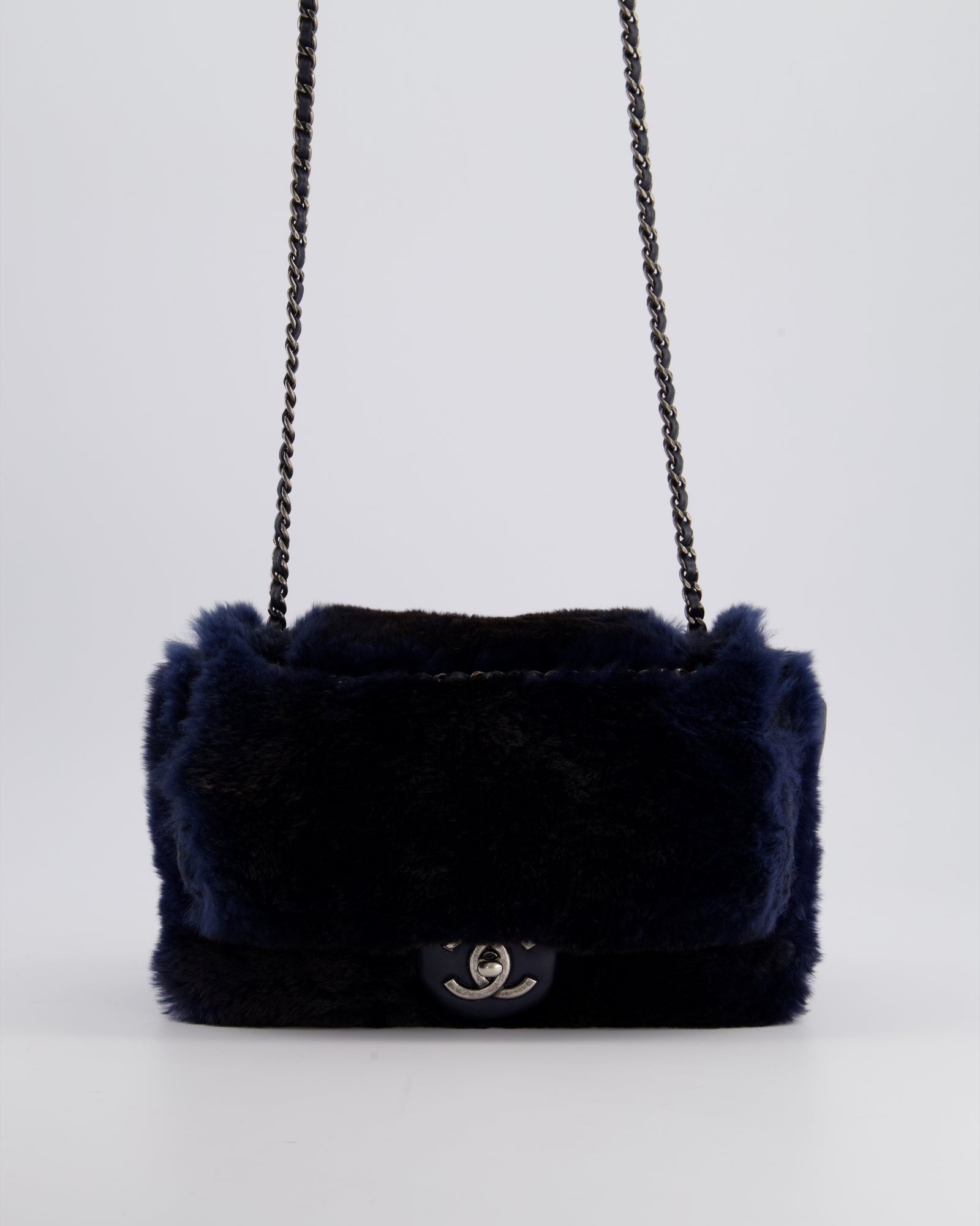 HOT* Chanel Navy Rabbit Fur Single Flap Bag with Silver Hardware