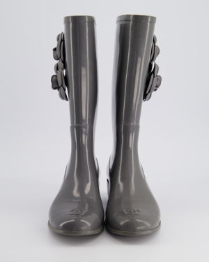Chanel Stone Grey Rubber Rain Boots with Camelia & CC Logo Detail Size EU 37