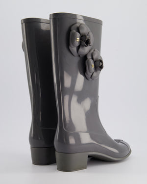 Chanel Stone Grey Rubber Rain Boots with Camelia & CC Logo Detail Size EU 37