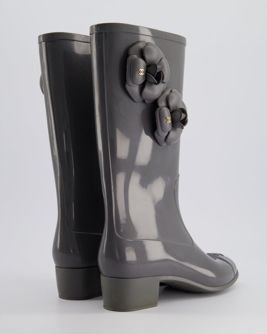 Chanel Stone Grey Rubber Rain Boots with Camelia & CC Logo Detail Size EU 37