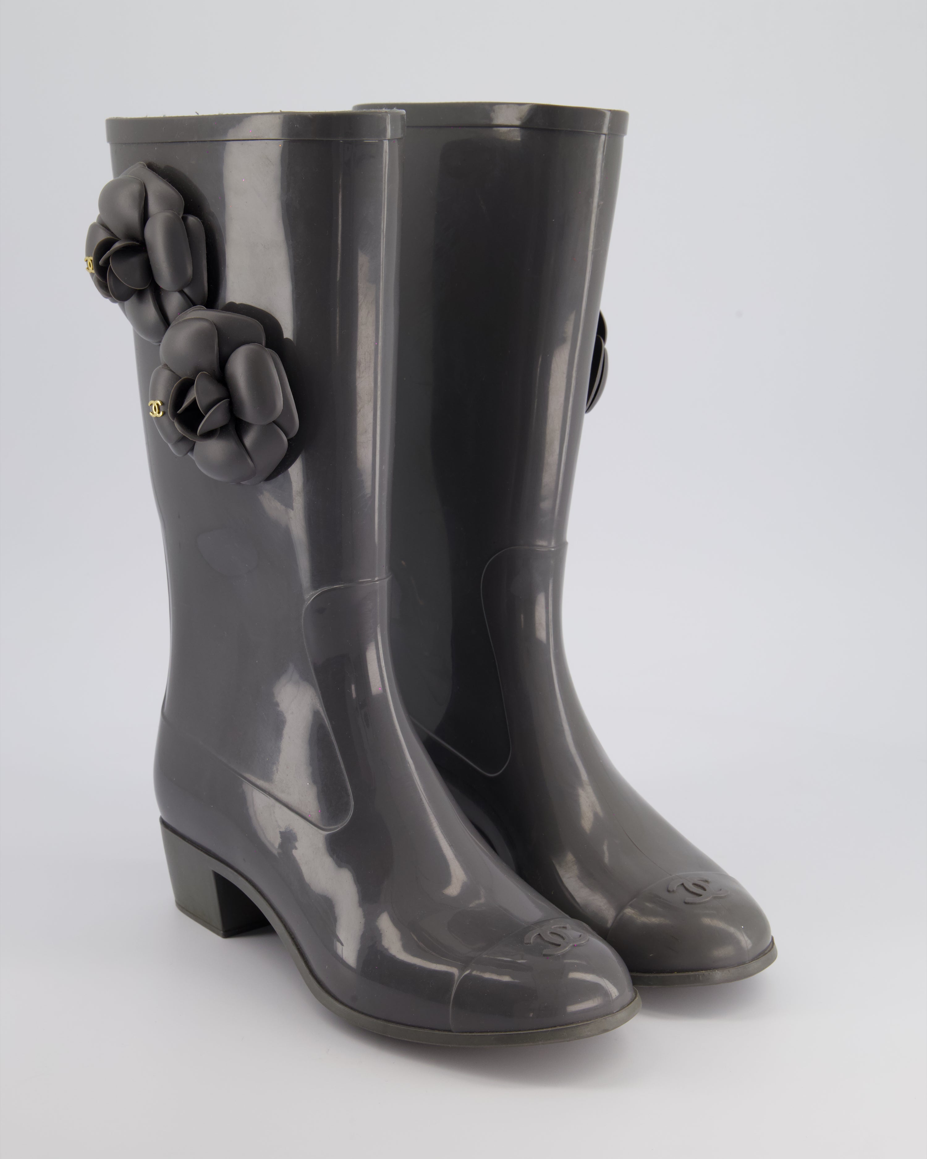 Chanel Stone Grey Rubber Rain Boots with Camelia & CC Logo