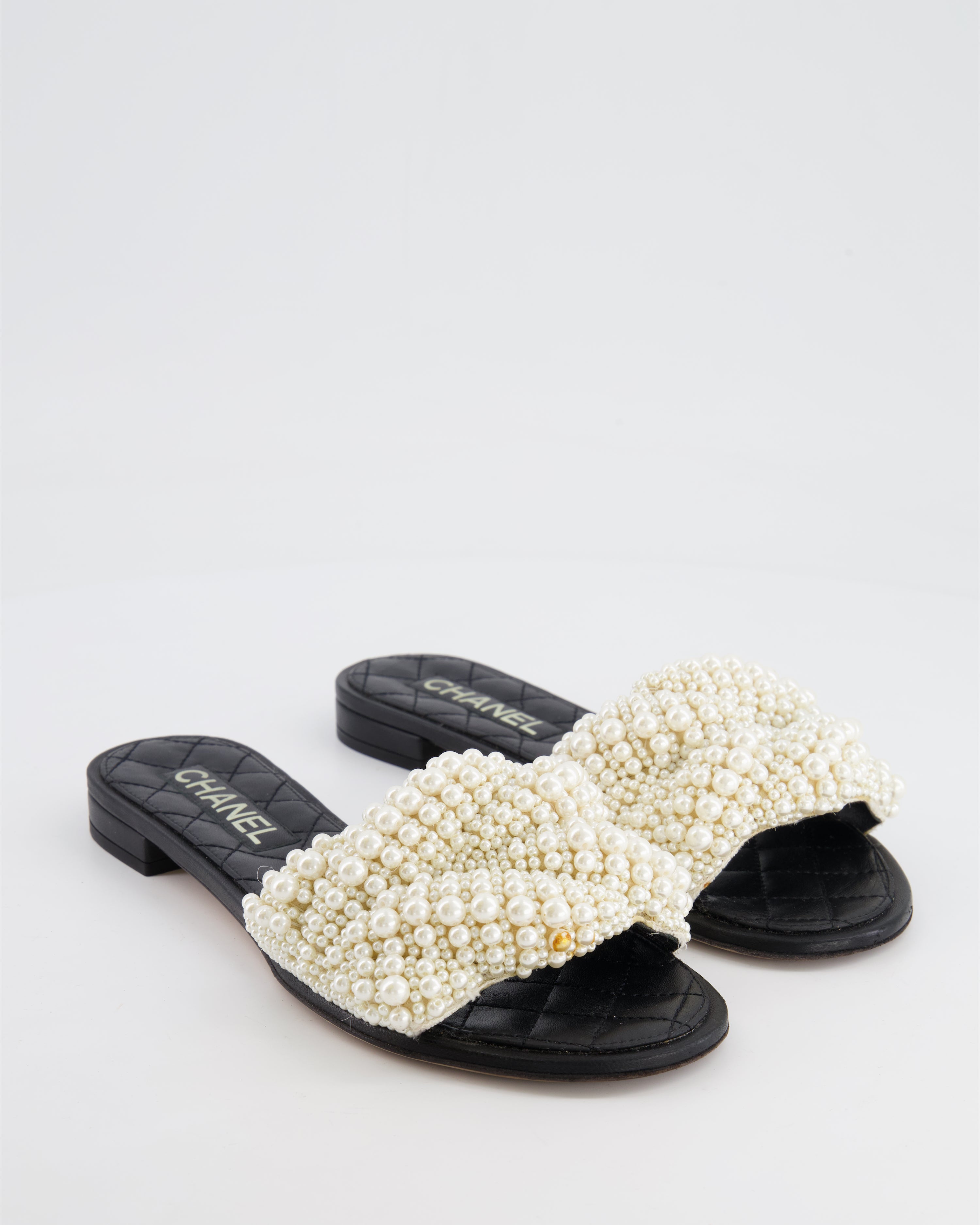 Chanel Black Sandals with Pearl Embellishment and CC Logo Chanel Black Sandals with Pearl Embellishment and CC Logo