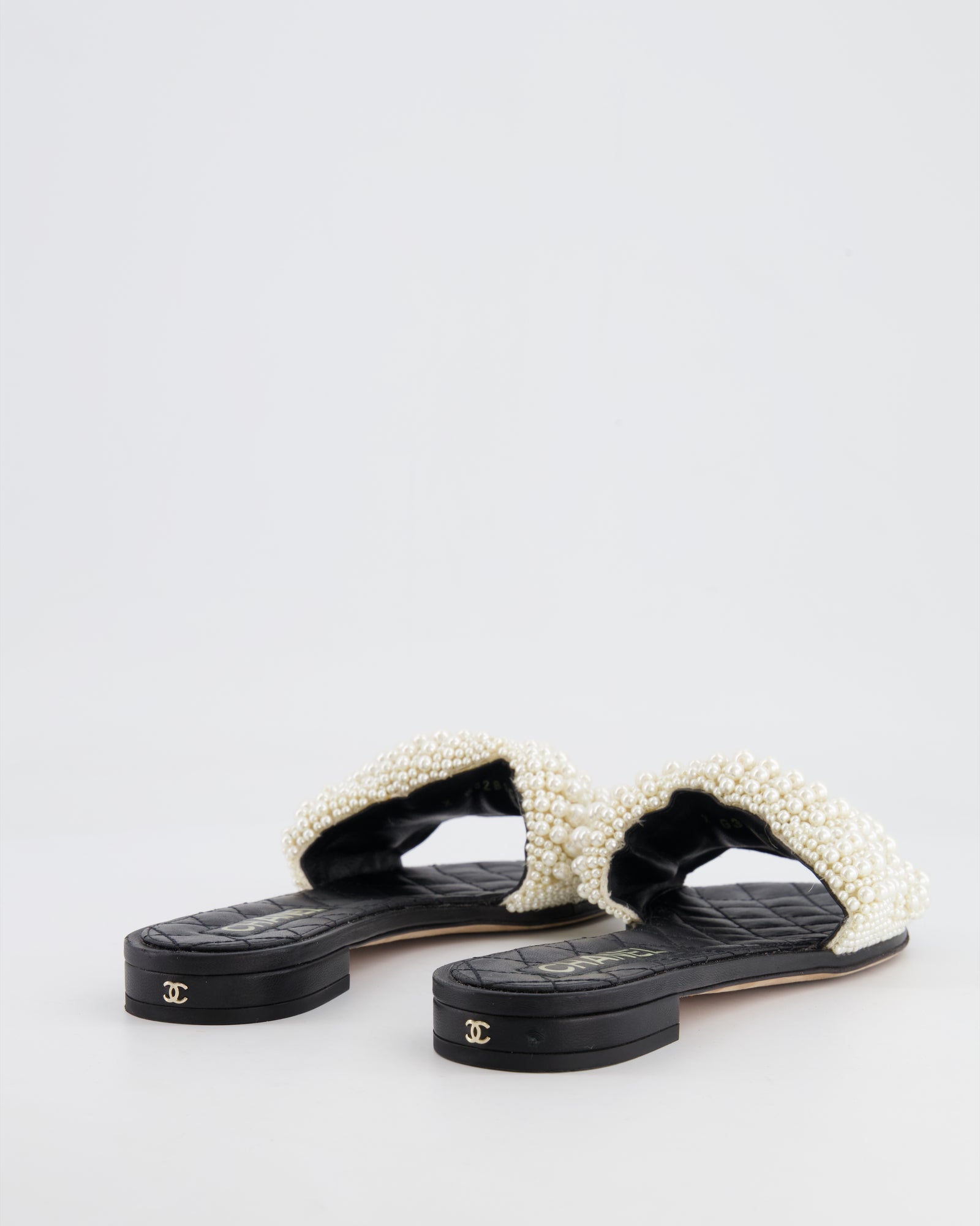 Chanel Black Sandals with Pearl Embellishment and CC Logo Chanel Black Sandals with Pearl Embellishment and CC Logo