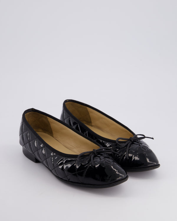 Chanel Black Patent Quilted Ballet Flats with CC Logo Size EU 37C