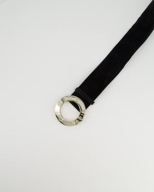Celine Vintage Black Suede Wide Belt With Large Silver Logo Buckle Size 70cm