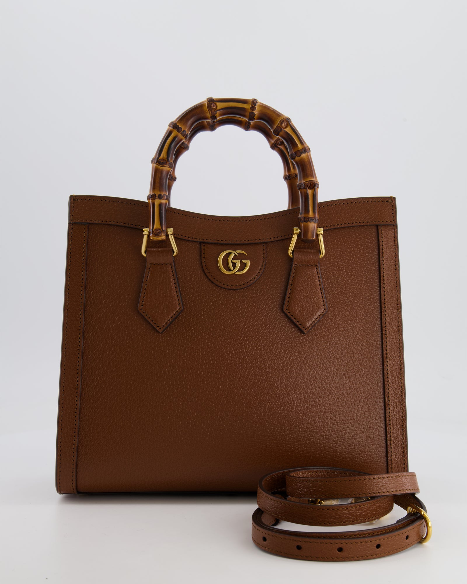 Gucci Brown Diana Medium Tote Leather Bag with Shiny Antique Gold 