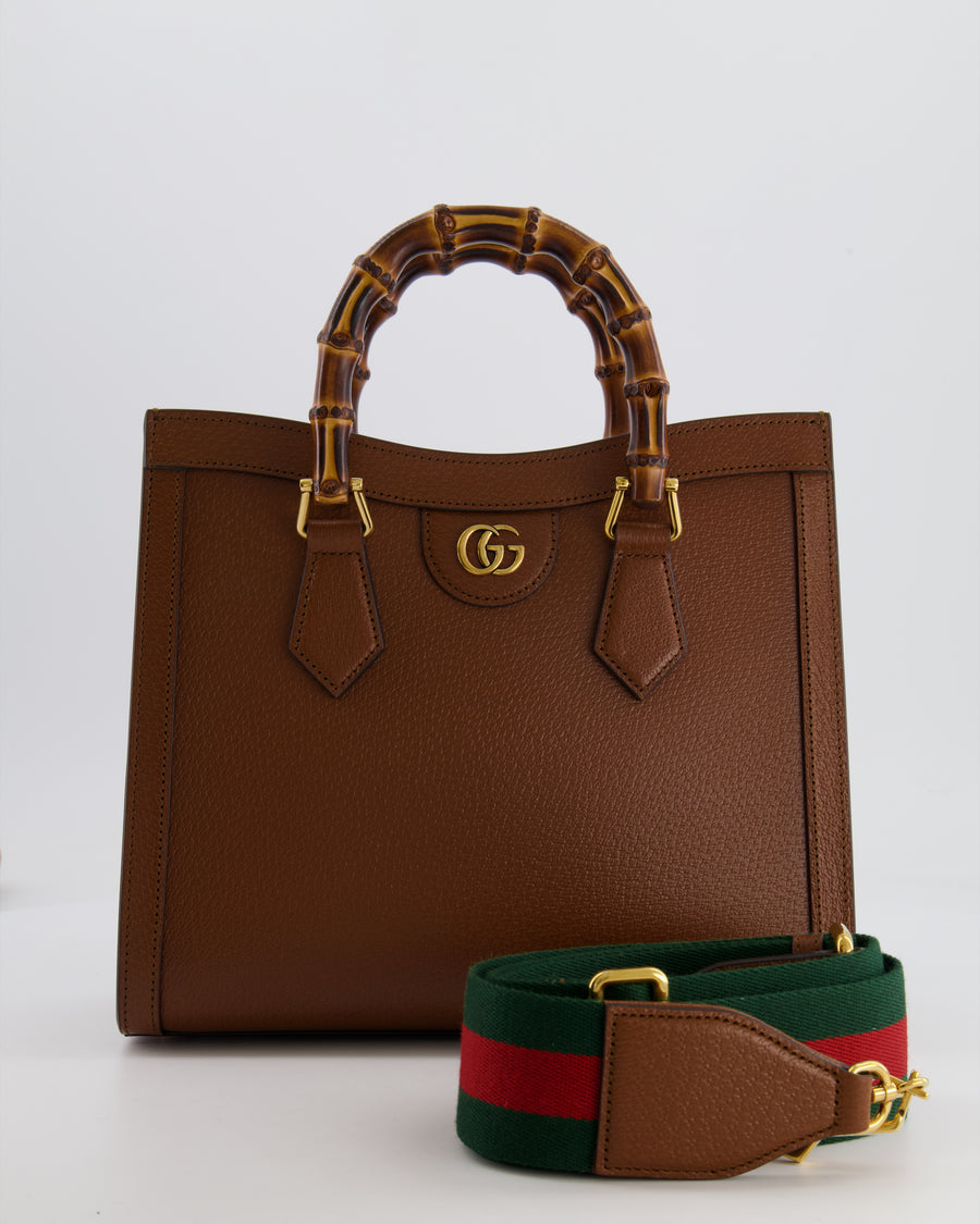 Gucci Brown Diana Medium Tote Leather Bag with Shiny Antique Gold