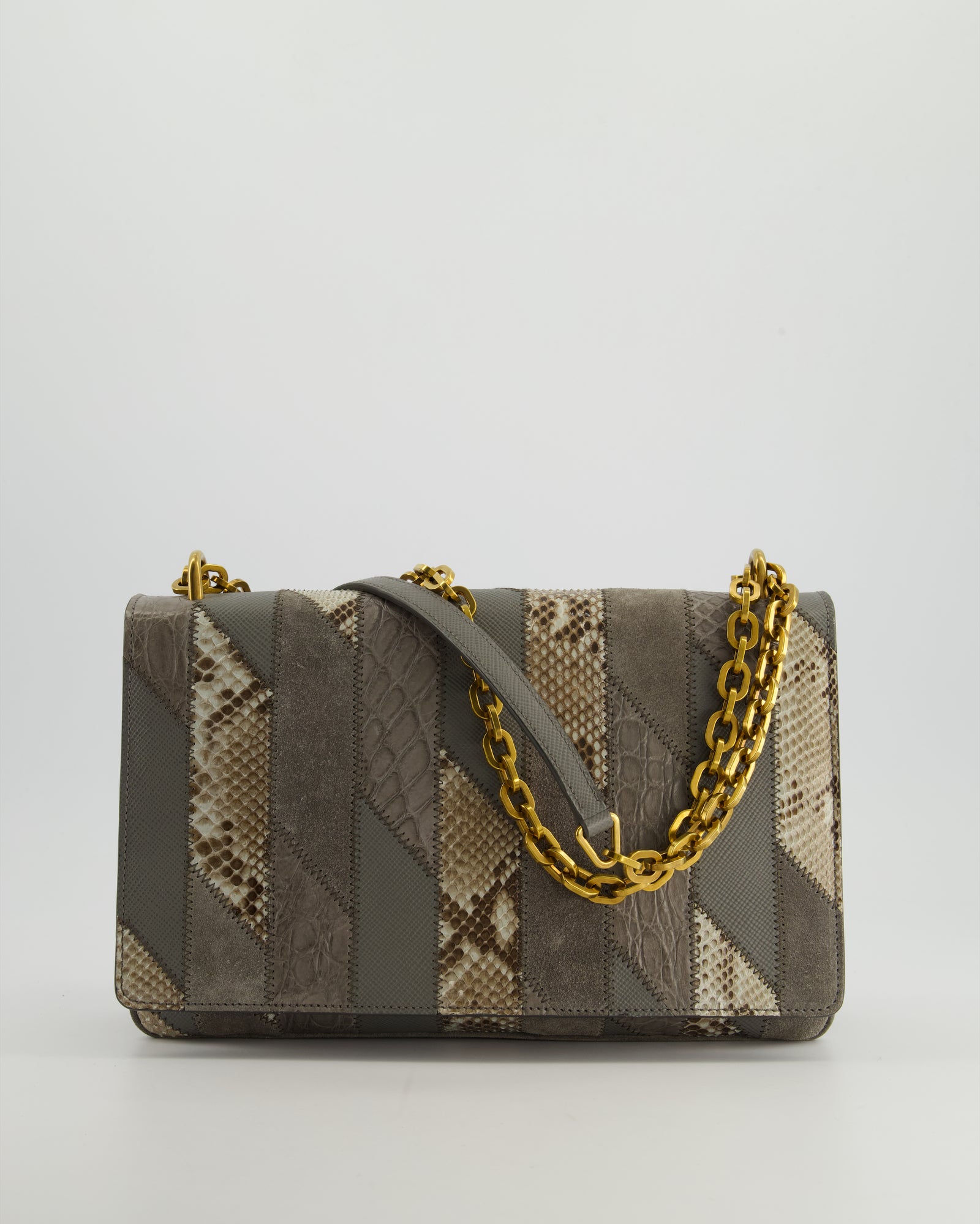 Prada Grey Suede, Python Patchwork Bag with Gold Chain – Sellier