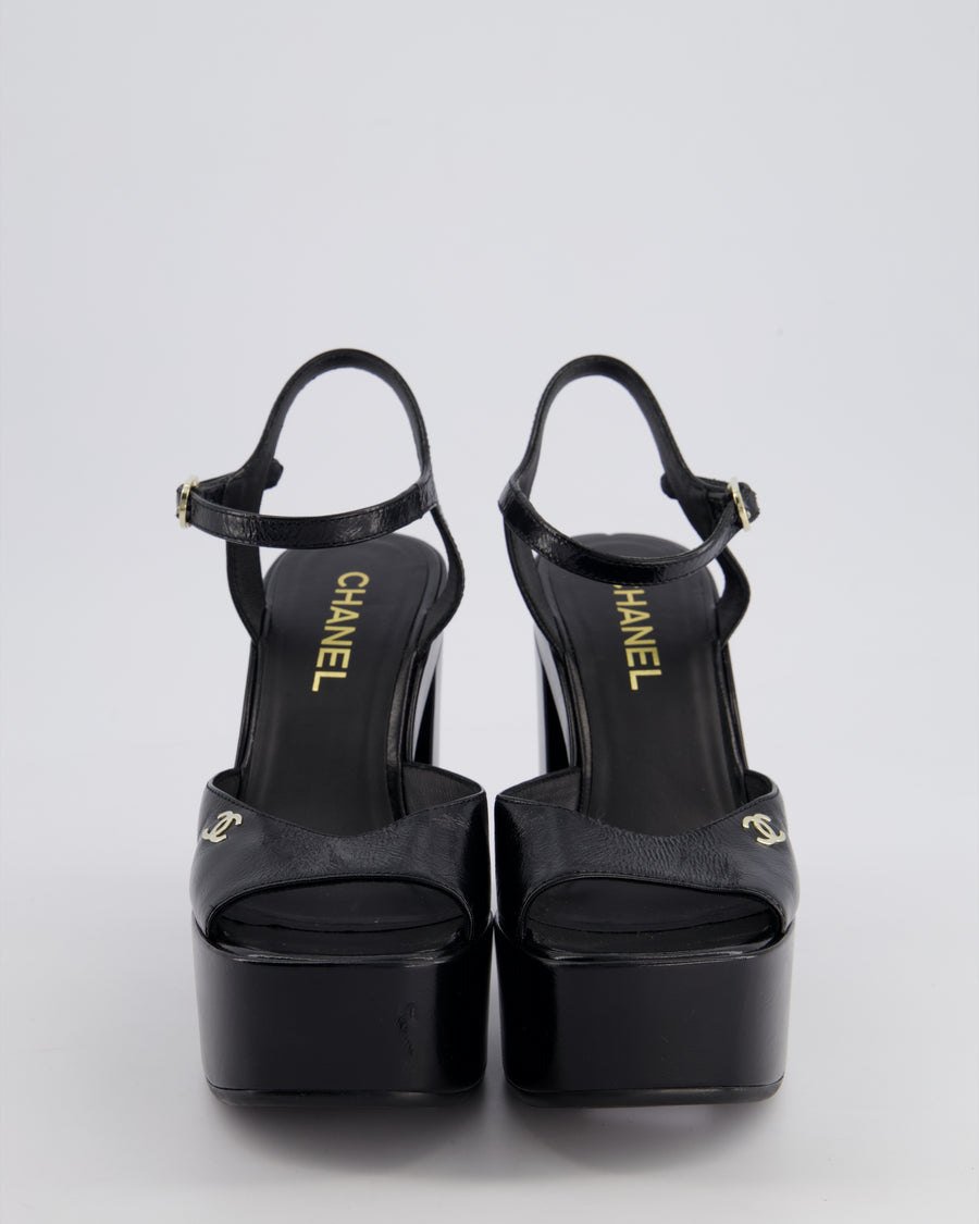 Chanel Black Shiny Calfskin Platform High Sandal with CC Logo EU 38.5C RRP 1300£